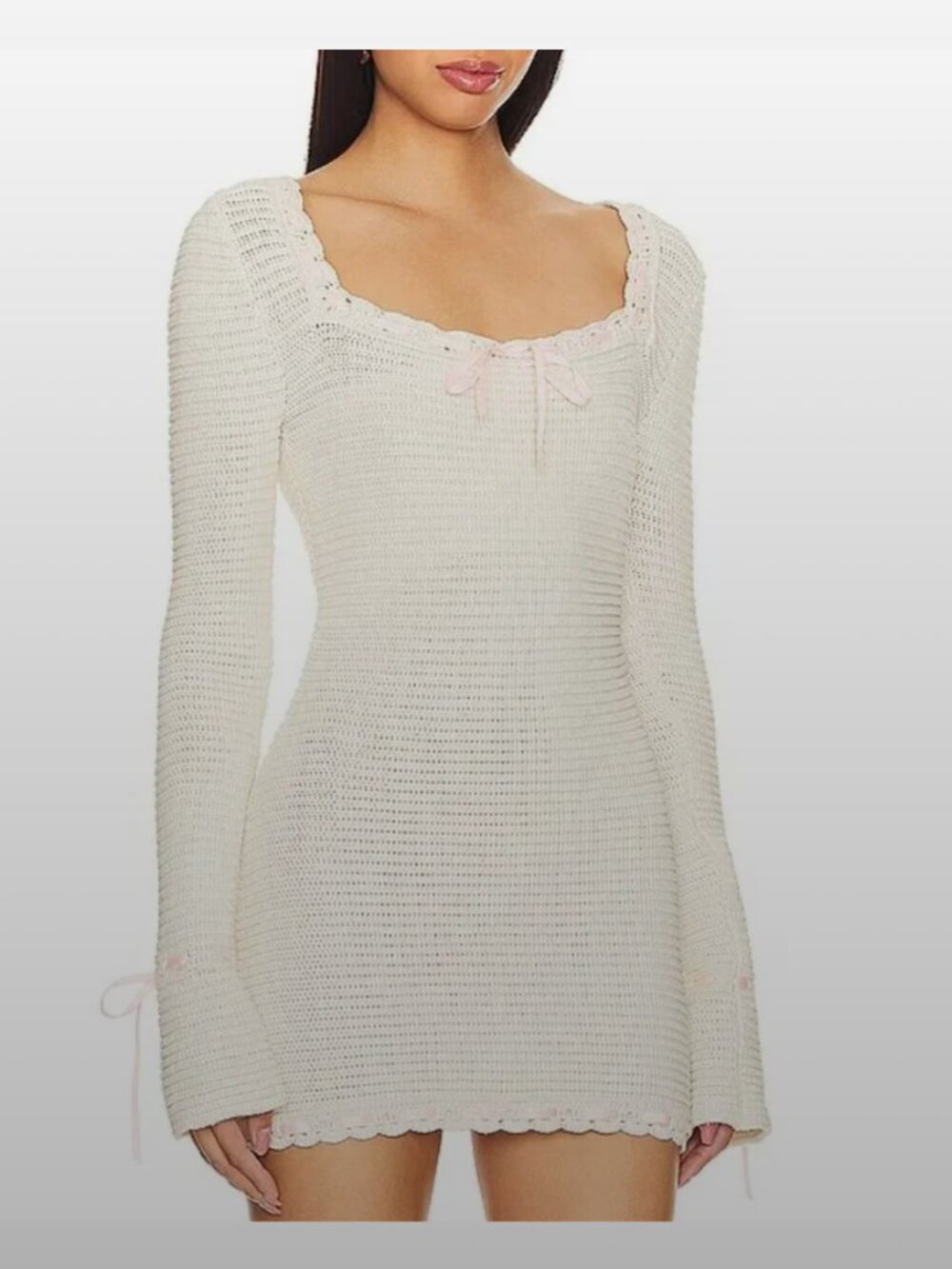 For Love & Lemons Olina Mini Dress, Crochet Pink Ribbon Trim, Small